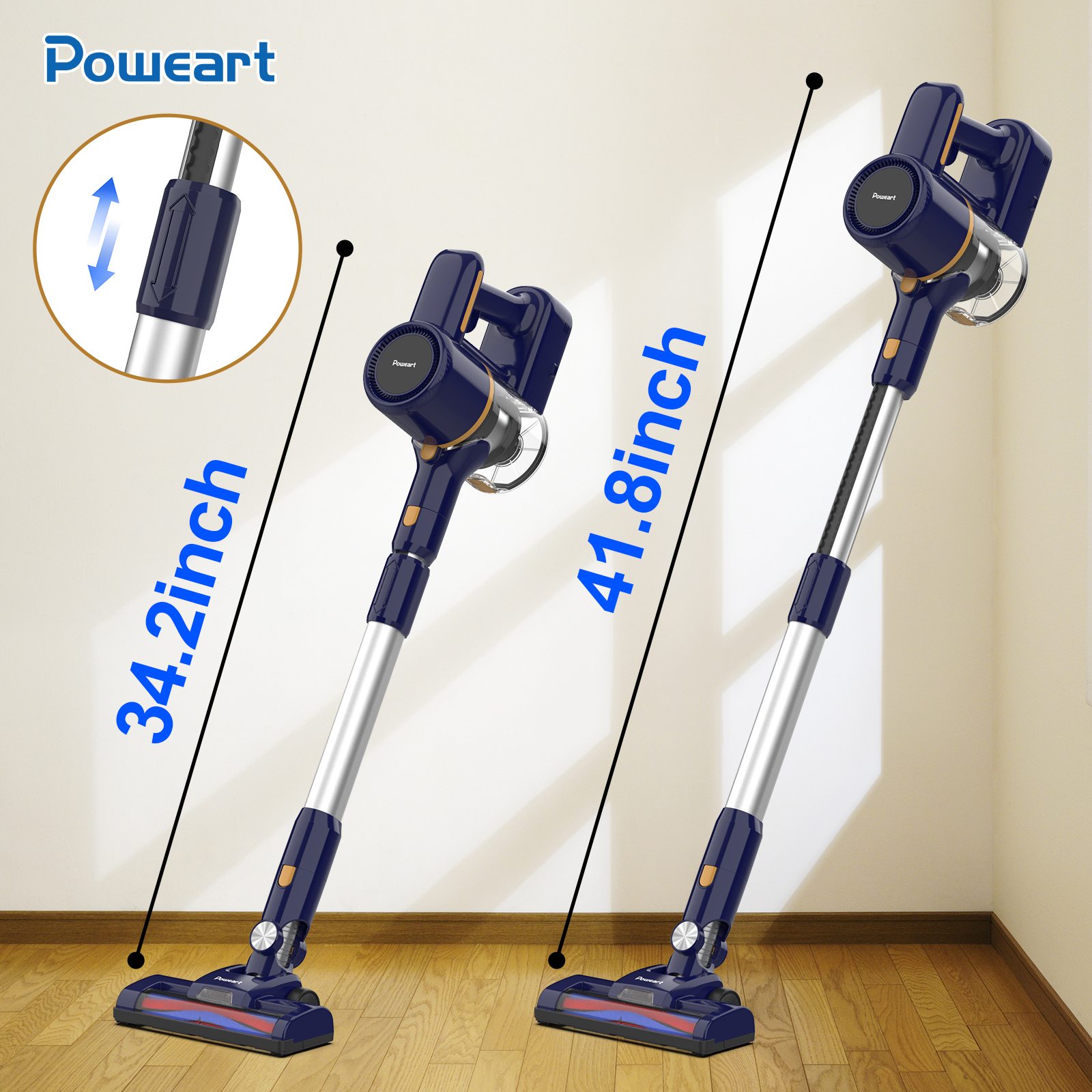 Dwa bezprzewodowe odkurzacze, jeden rozłożony i jeden kompaktowy. Wymiary każdego są wyświetlane. Kolor niebieski i srebrny.