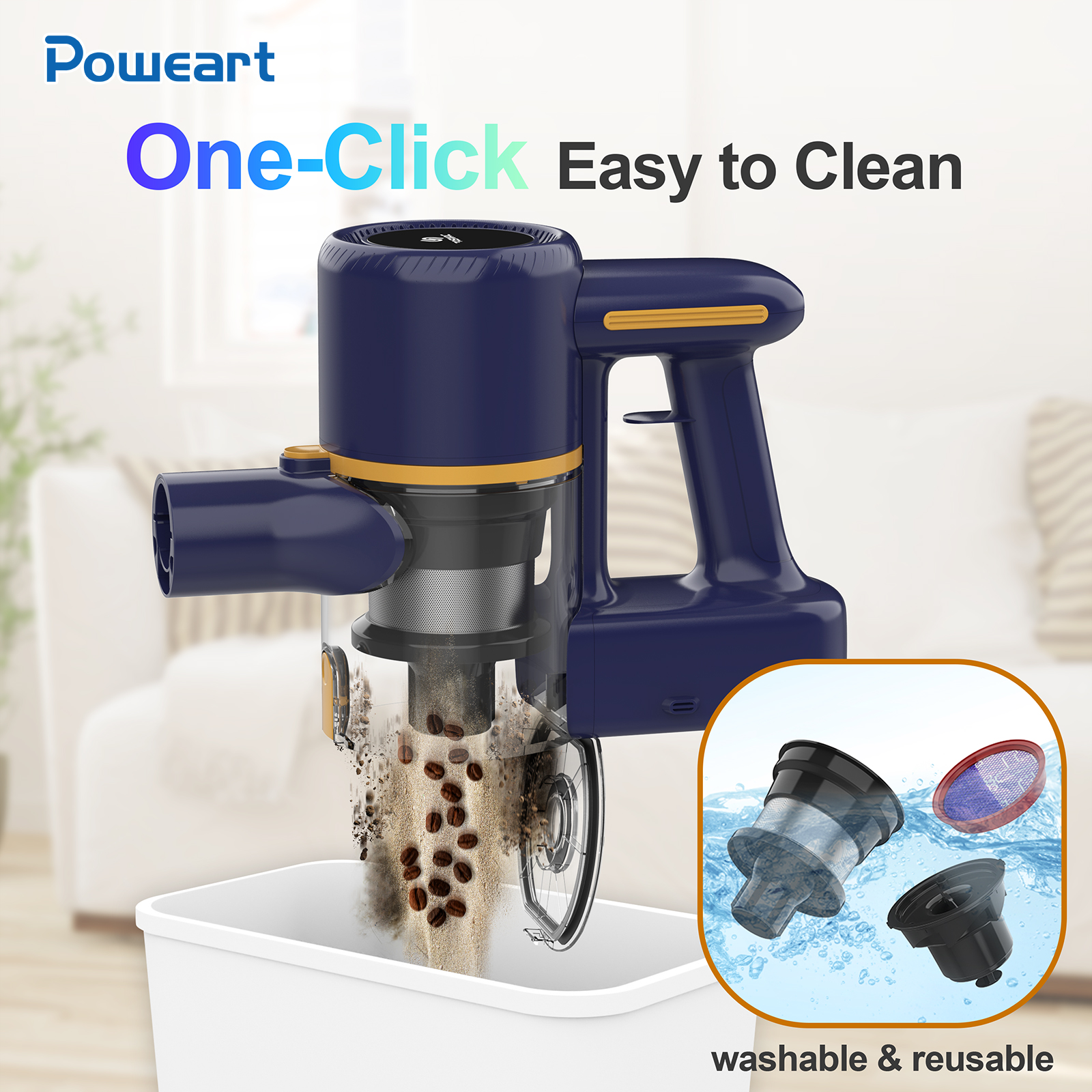 Odkurzacz bezprzewodowy z elementami czyszczącymi i białym tłem.