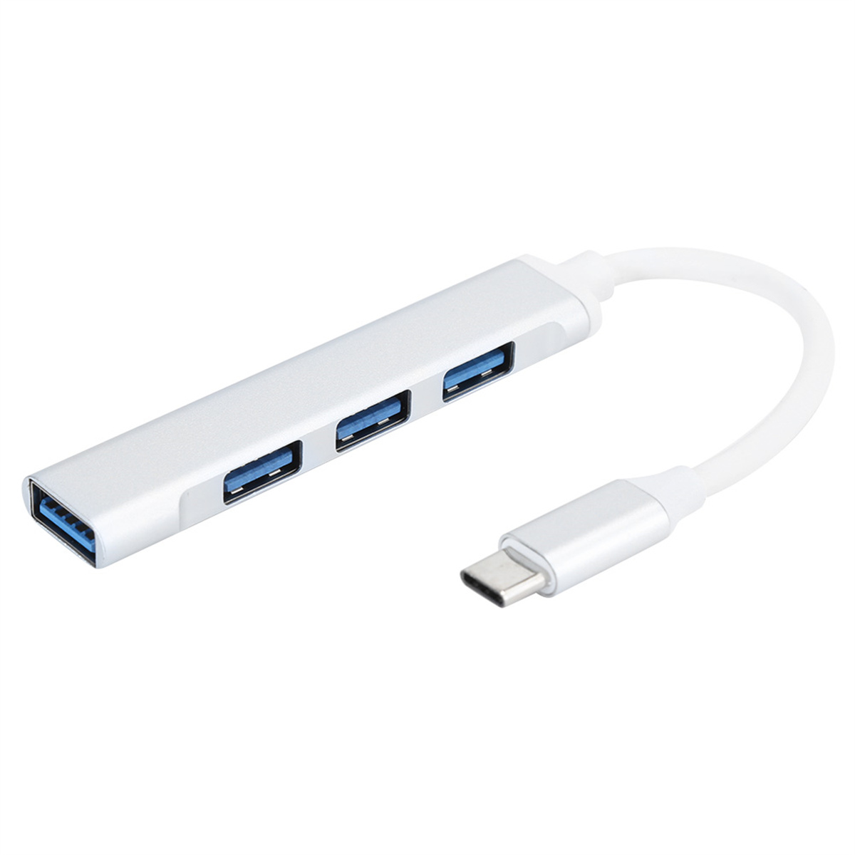 Ein silberner USB-Hub mit drei USB-Anschlüssen und einem USB-C-Anschluss.