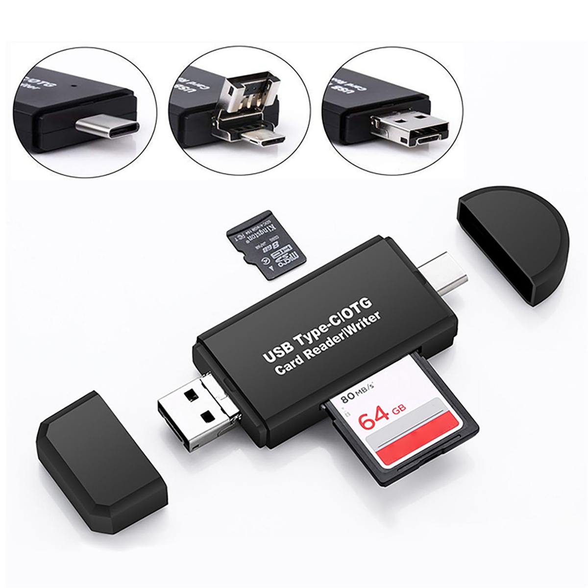 Ein USB Typ-C OTG Kartenleser mit eingelegter Karte und getrennten Teilen.