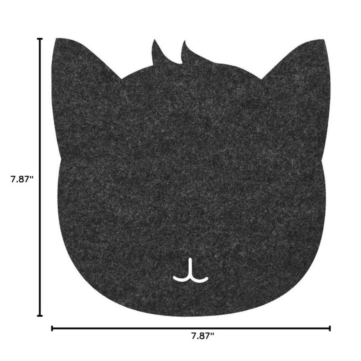 Eine schwarze katzenförmige Tischset. Es ist schwarz mit weißer Nase und Schnurrhaaren und misst 7,87 Zoll.