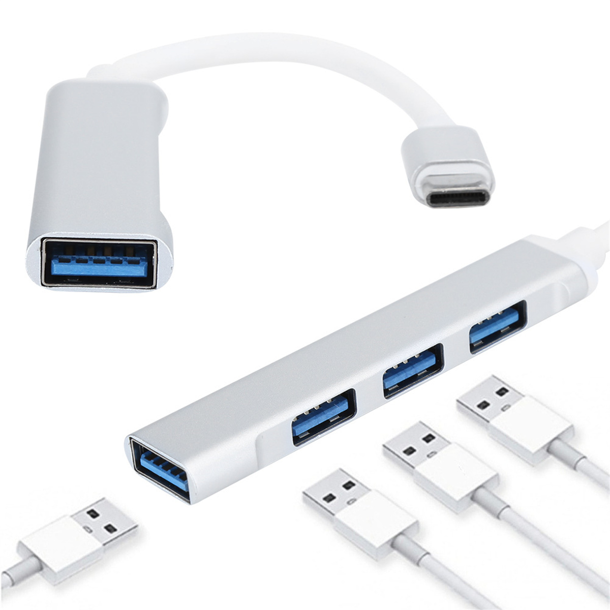 Ein silberner USB-Hub mit vier USB-Anschlüssen und einem USB-C-Anschluss.