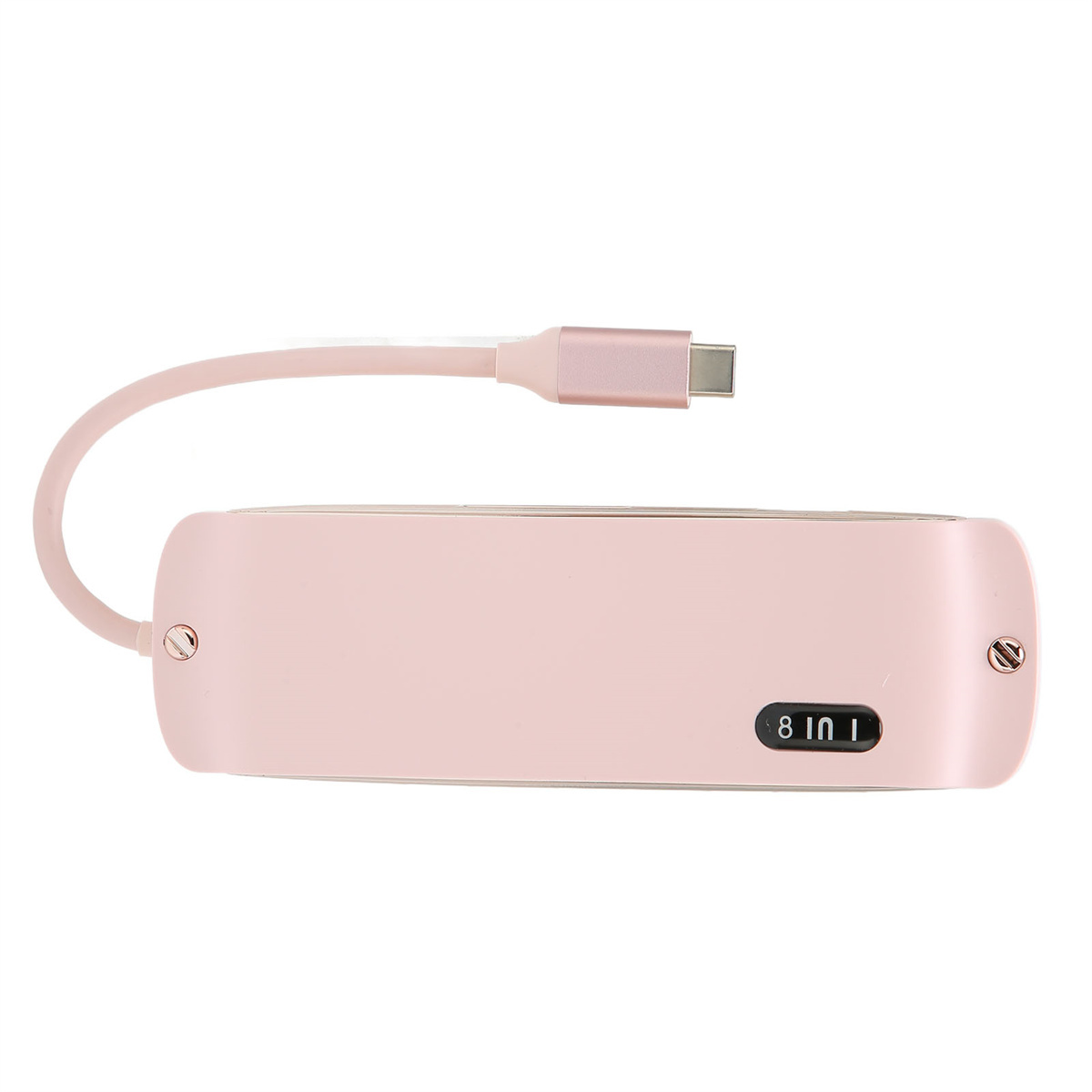 Ein pinkfarbener USB-Hub mit pinkfarbenem Kabel und einer Anzeige mit 8 in 1.