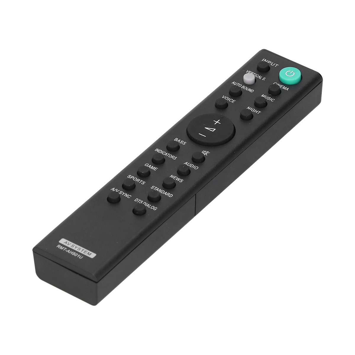 Schwarze TV-Fernbedienung mit Tasten für verschiedene Funktionen, auf weißer Oberfläche.