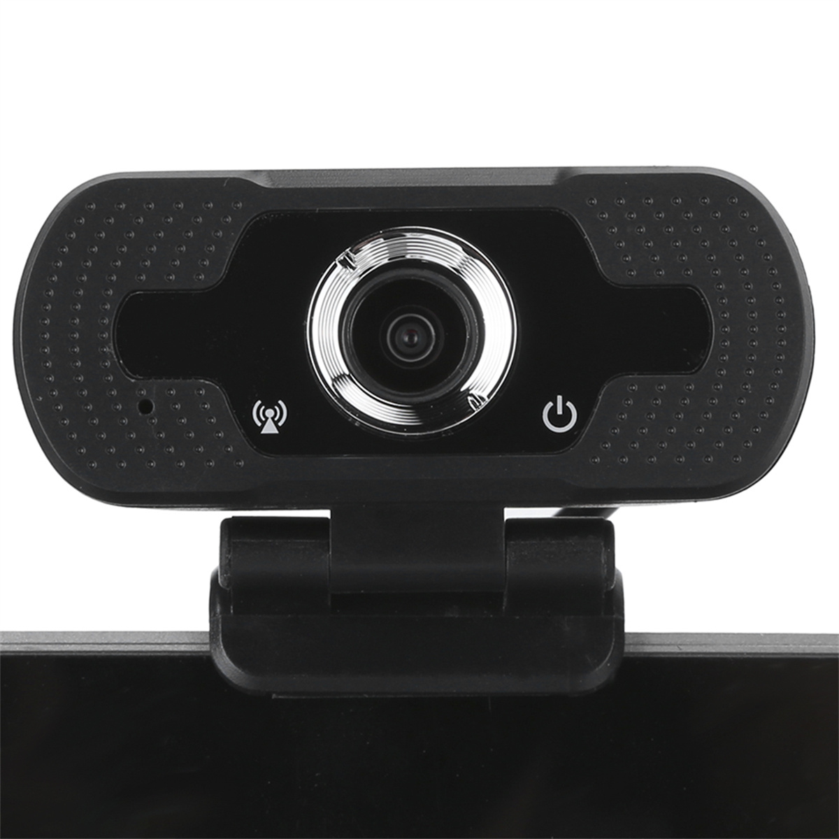 Schwarze Webcam, Vorderansicht. Verfügt über ein Objektiv, einen Lichtring sowie eine Strom- und Signalanzeige.