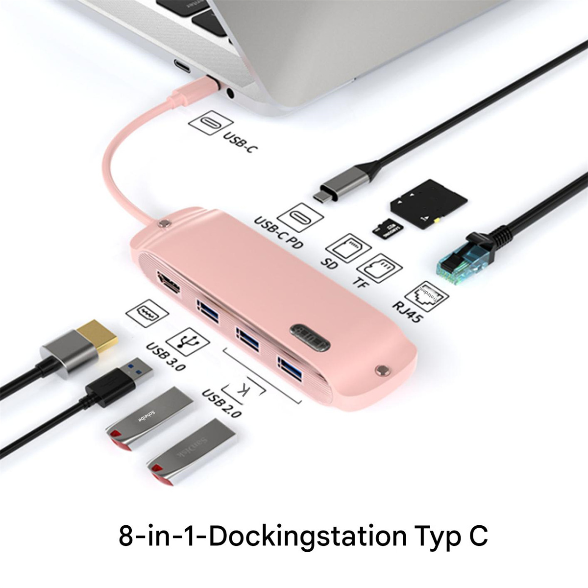 Eine pinkfarbene Dockingstation mit mehreren Anschlüssen, die über USB-C mit einem Laptop verbunden sind.