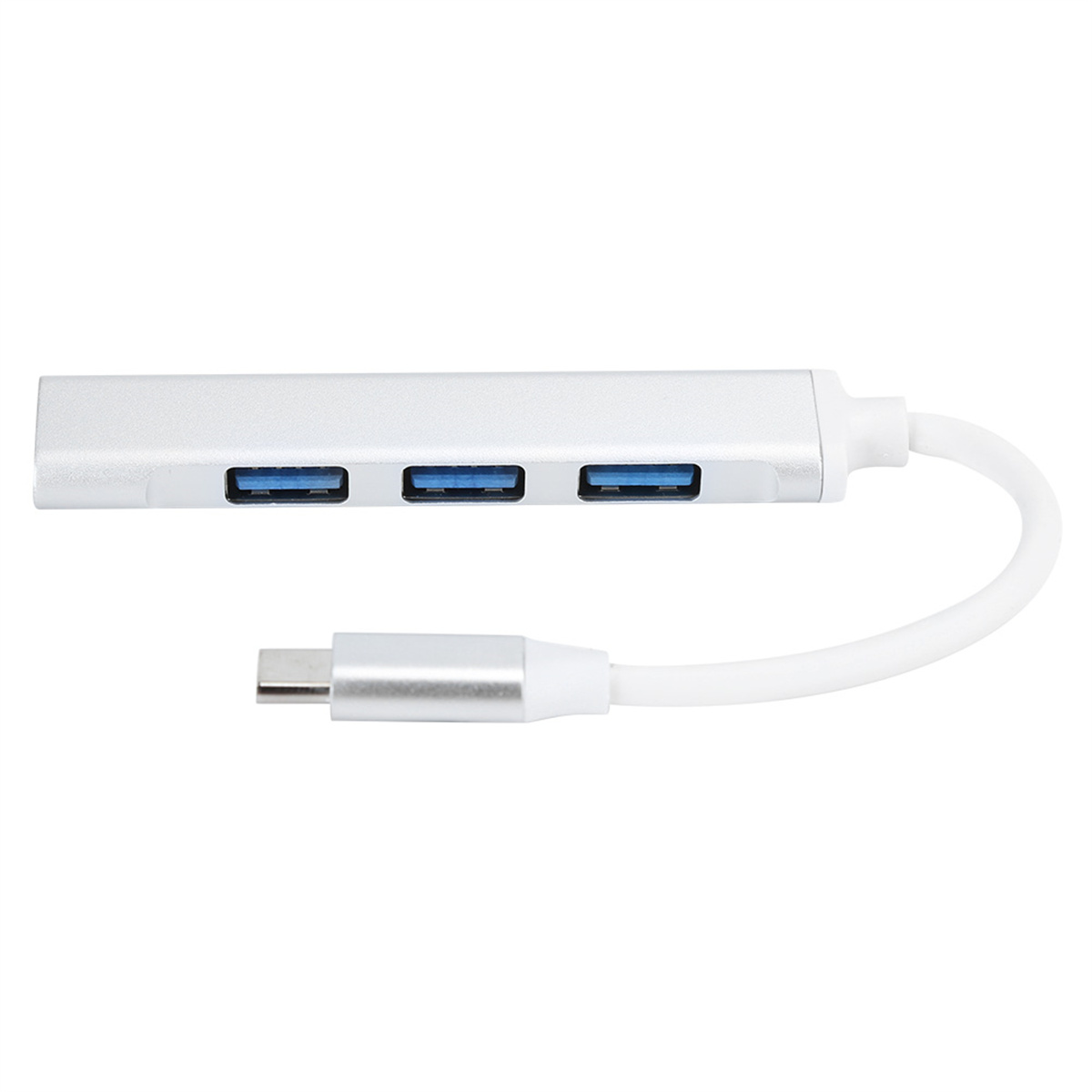 Ein silberner USB-Hub mit vier USB-Anschlüssen. Ein weißes Kabel führt zu einem USB-C-Anschluss.