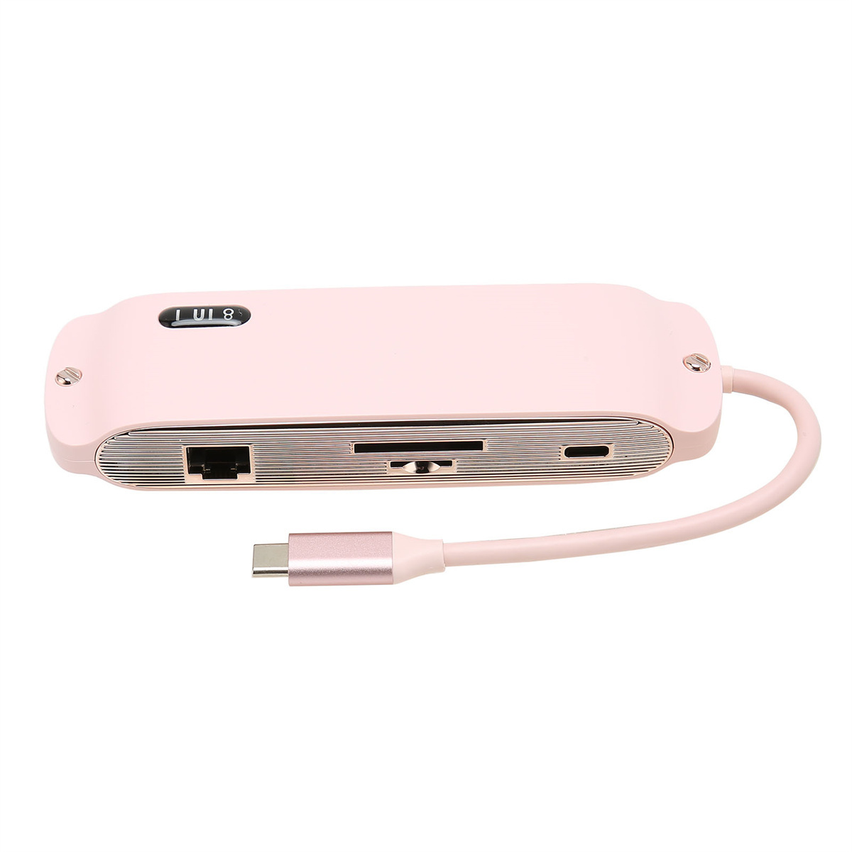 Pinkfarbener USB-Hub mit mehreren Anschlüssen und einem USB-C-Kabel.