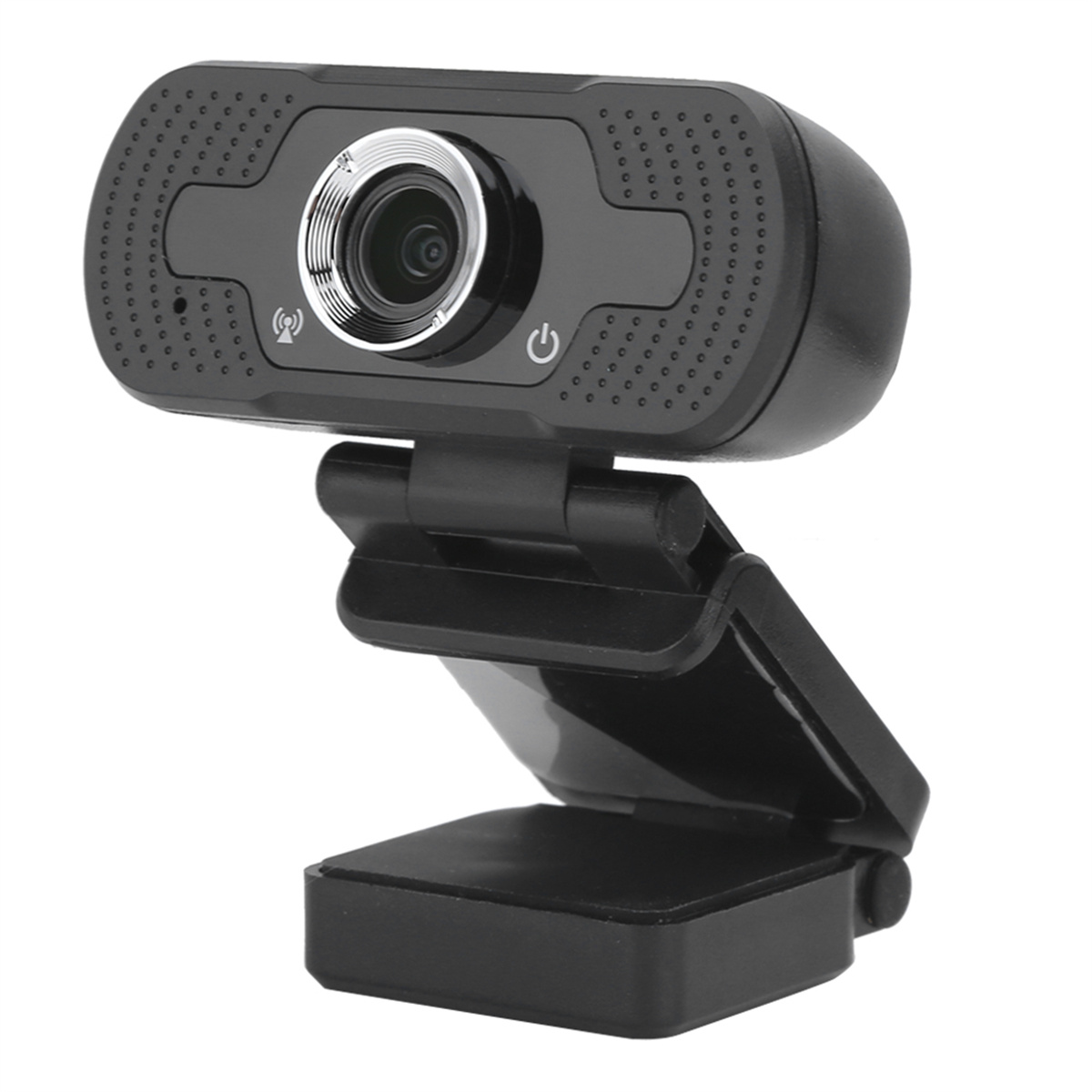 Schwarze Webcam mit silberner Linse, klappbarem Ständer und weißem Hintergrund. Isoliert.