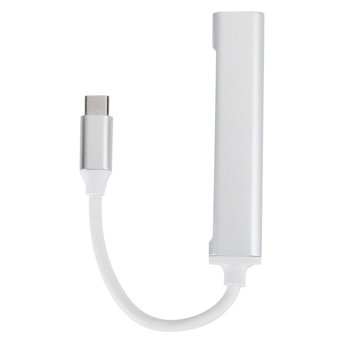 Silberner USB-C-Adapter mit weißem Kabel auf weißem Hintergrund.