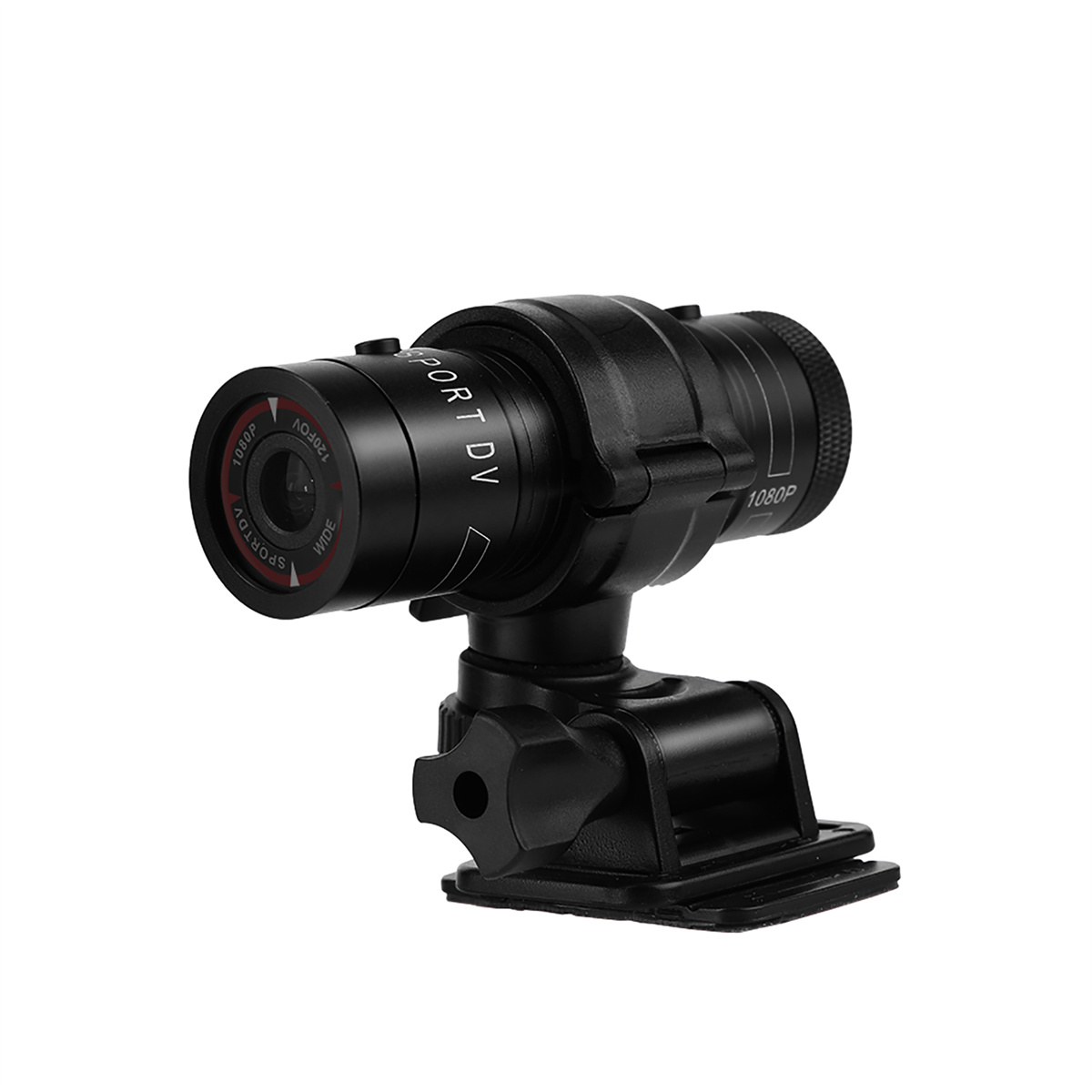Schwarze Kamera mit Sport-DV-Text. Sie ist auf einer schwarzen Halterung montiert. Objektiv: 1080P.