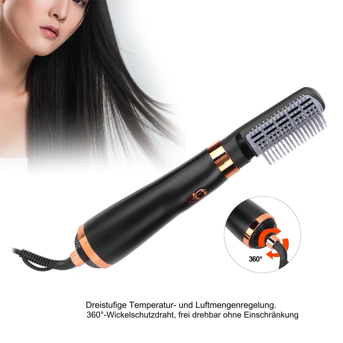 Schwarzes Haarstyling-Gerät mit dem Gesicht einer Frau im Hintergrund. Das Werkzeug hat einen schwarzen Griff und einen Kamm.