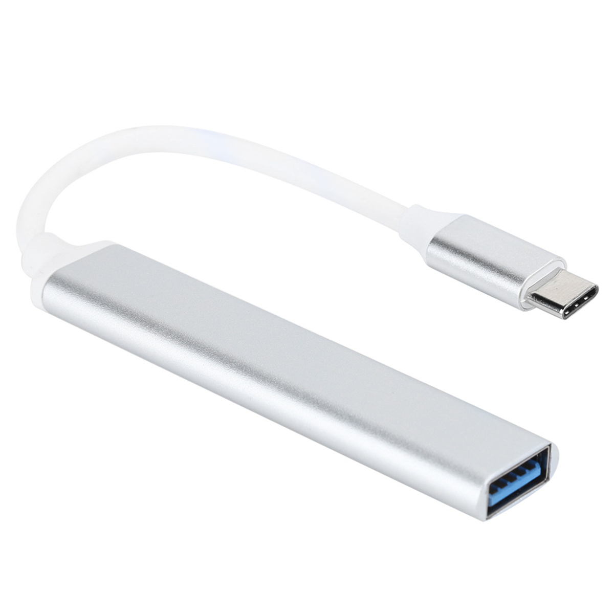 Silberner USB-C-zu-USB-Adapter mit weißem Kabel, auf weißem Grund.