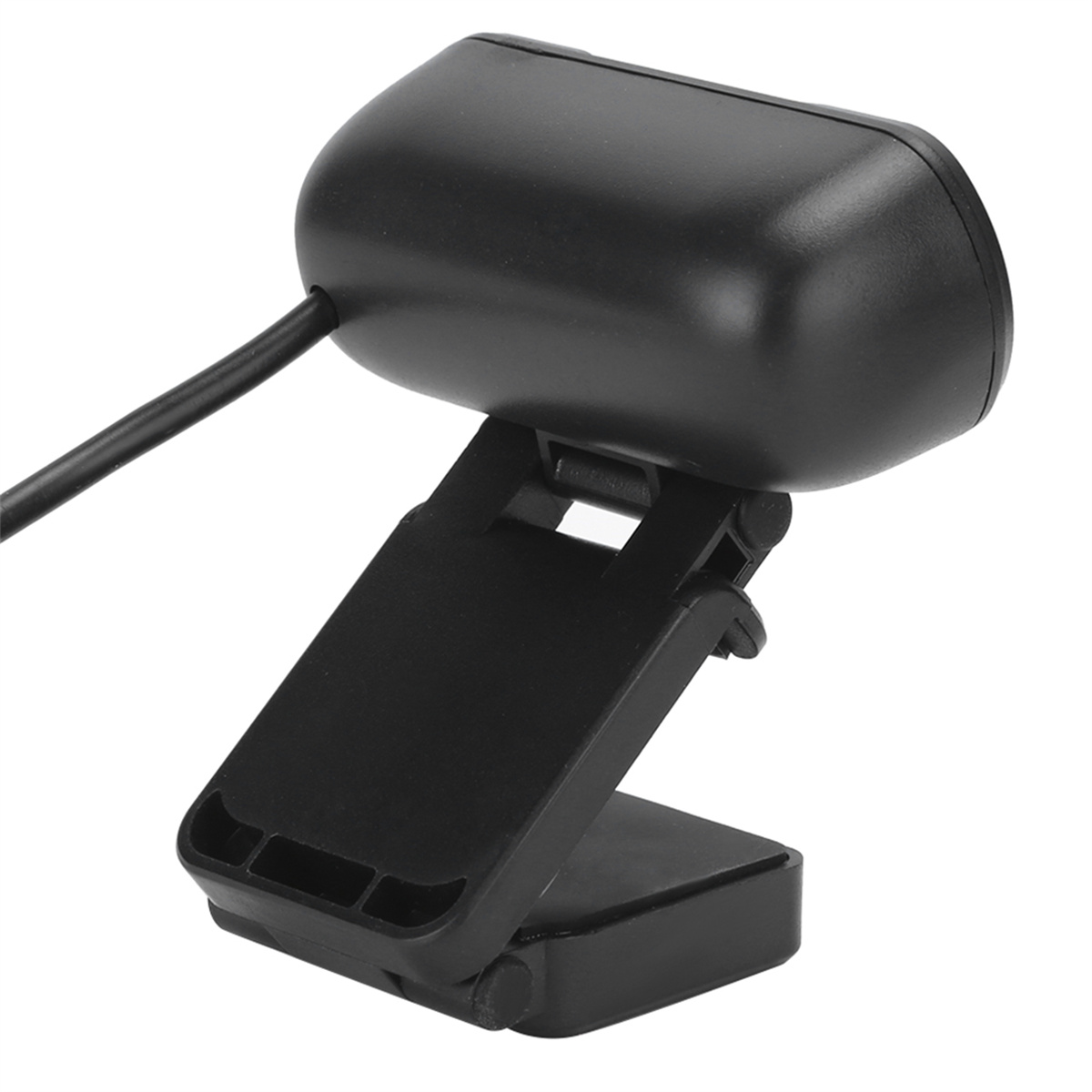 Schwarze Webcam mit Clip, an einem Ständer befestigt.