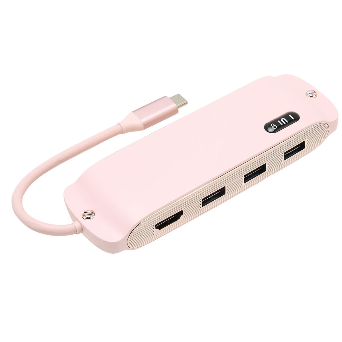 Rosa USB-C-Hub. Mehrere Anschlüsse auf einer Seite, USB-C-Kabel auf der anderen.