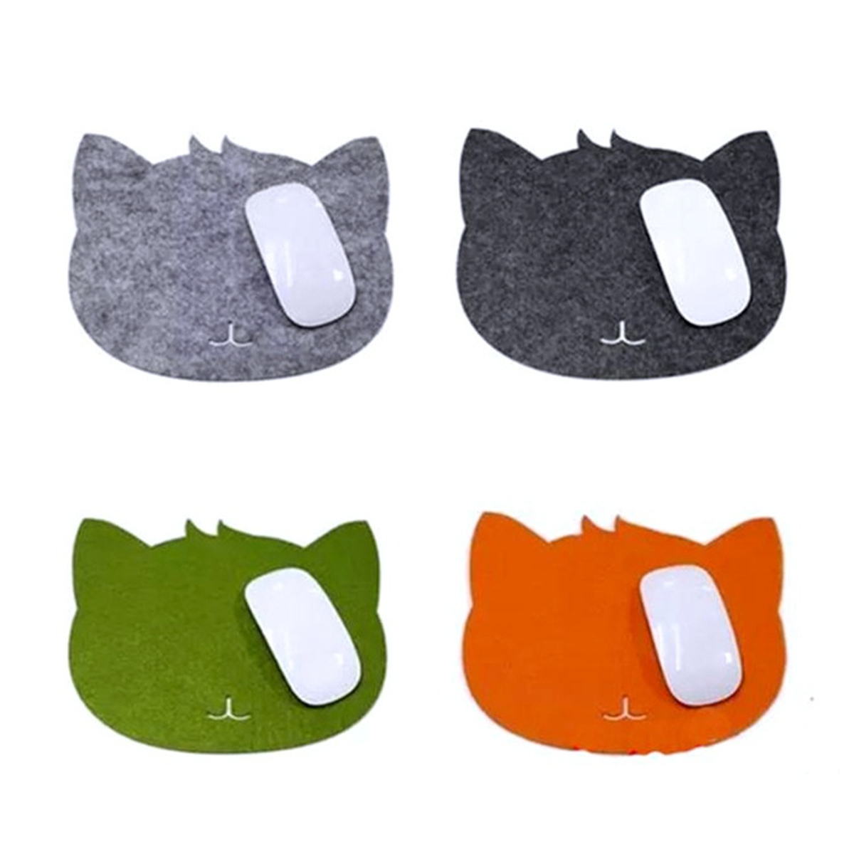Vier katzenförmige Mauspads: grau, schwarz, grün und orange, jedes mit einer weißen Maus.