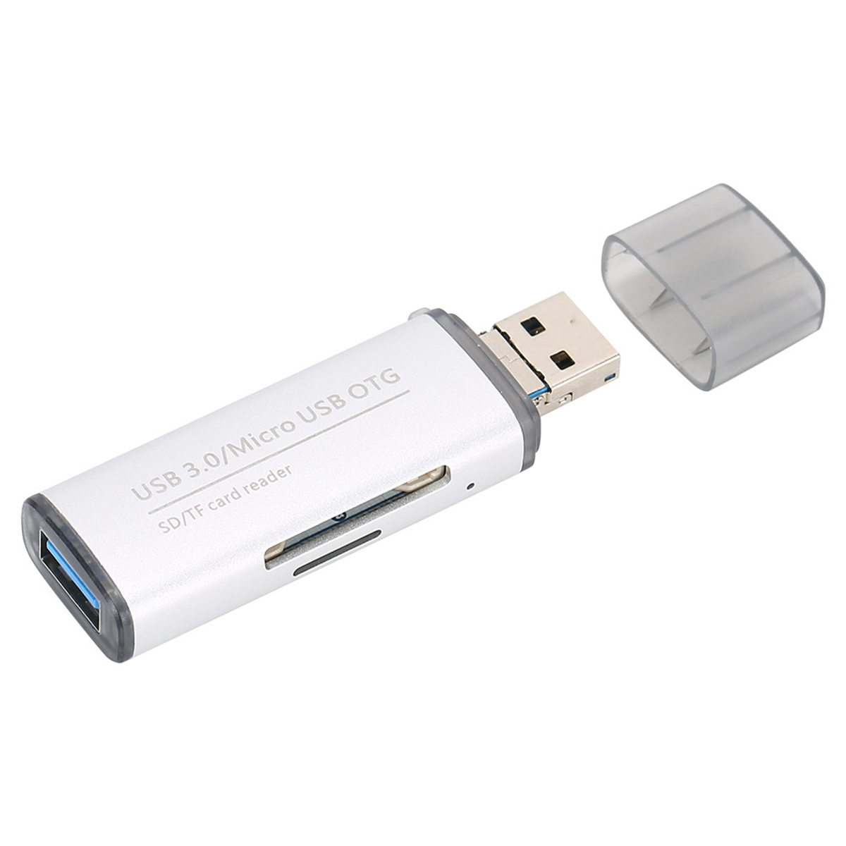Silberner USB 3.0/Micro USB OTG SD/TF-Kartenleser mit abgenommenem, transparentem Deckel.