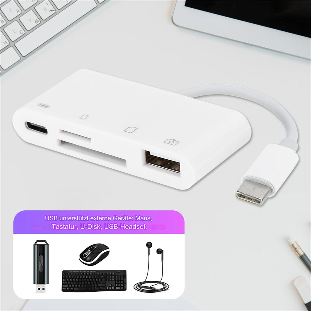 Weißer USB-Hub mit mehreren Anschlüssen. Tastatur, Maus und Kopfhörer sind unten dargestellt.