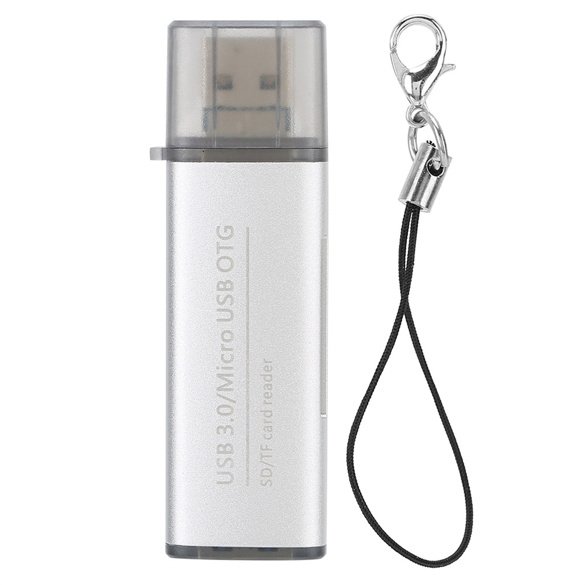Silberner USB 3.0/Micro USB OTG Kartenleser mit schwarzem Kabel auf weißem Hintergrund.
