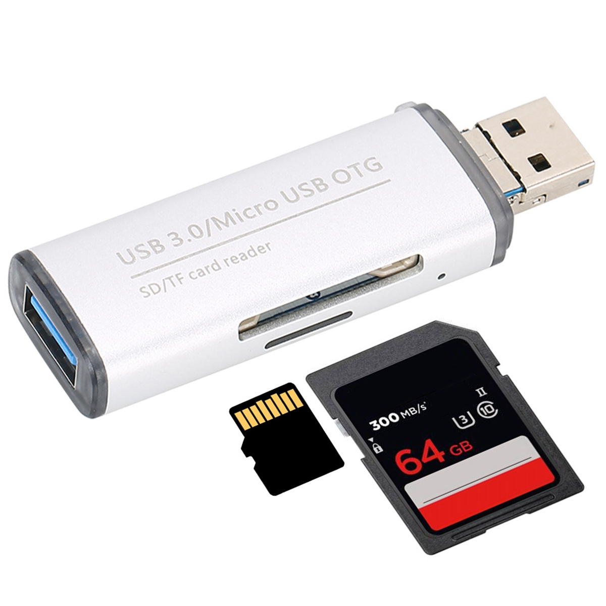 Silberner USB 3.0 Kartenleser mit SD-Karte und Micro-SD-Karte.