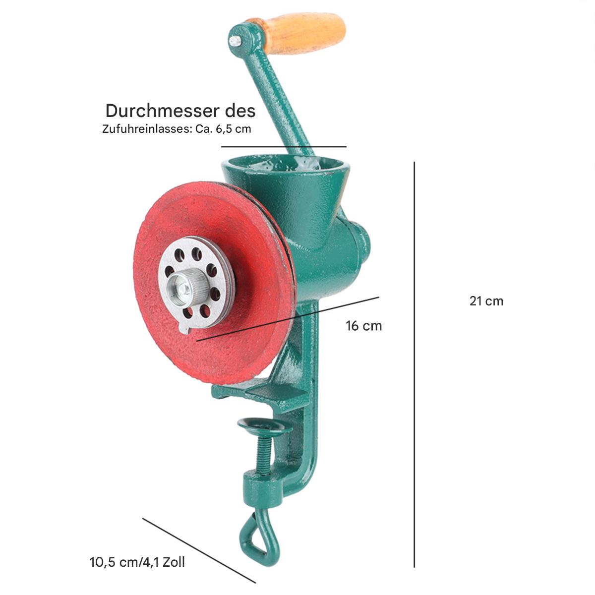 Eine grün-rote Handkurbelmühle mit Maßangaben. Sie hat einen Holzgriff und eine rote Scheibe.