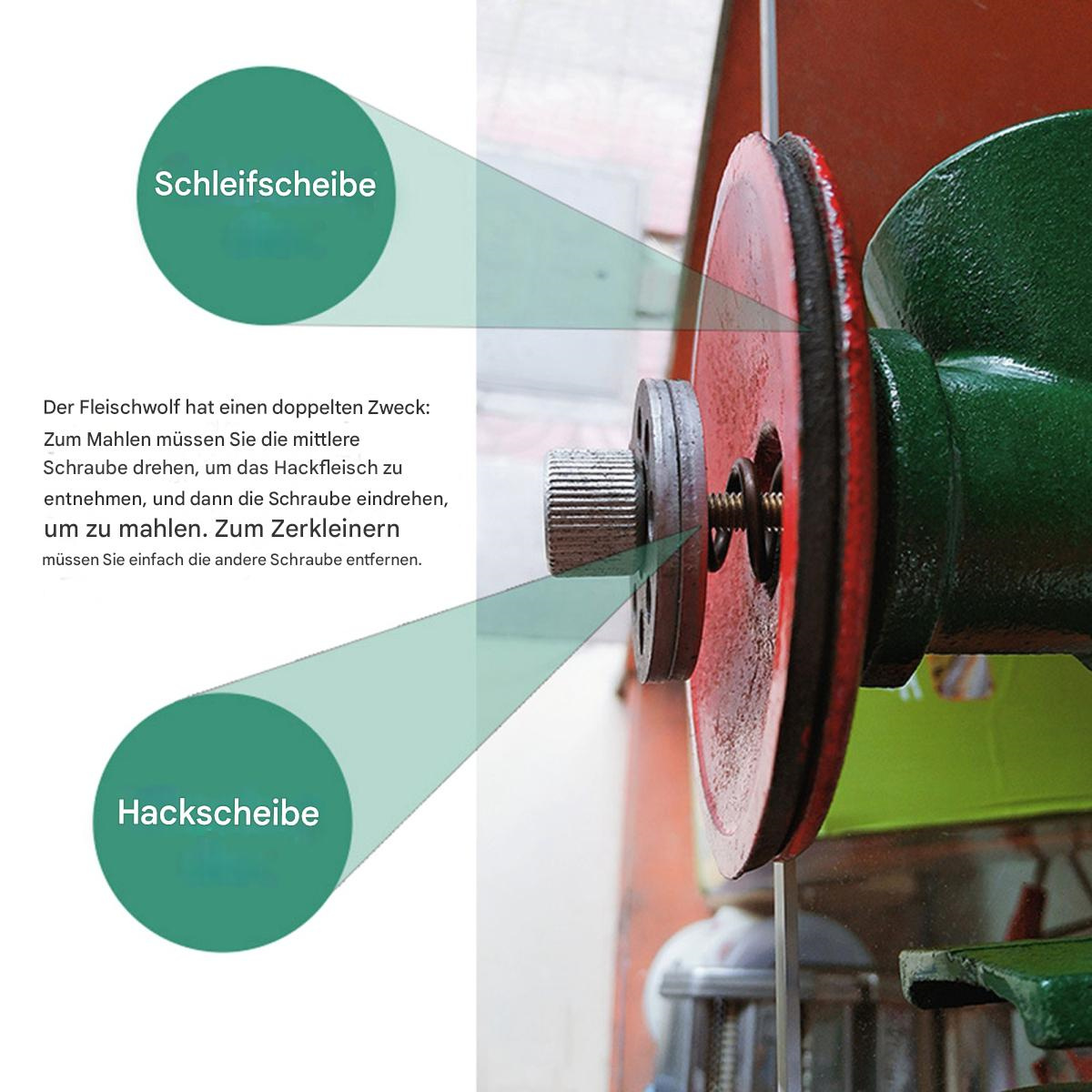 Nahaufnahme von Schleifscheibe und Fleischwolfkomponente.
