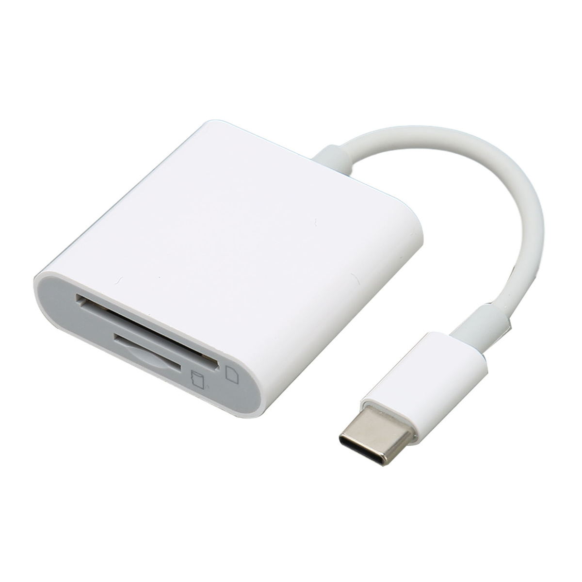 Ein weißer SD-Kartenleser mit Kabel und USB-C-Anschluss. Das Gerät befindet sich auf weißem Hintergrund.