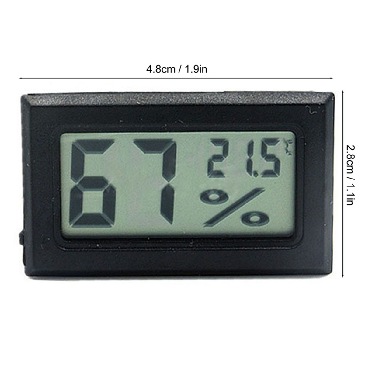 Kleines, schwarzes Digitalthermometer mit 67% und 21,5 Grad Celsius.