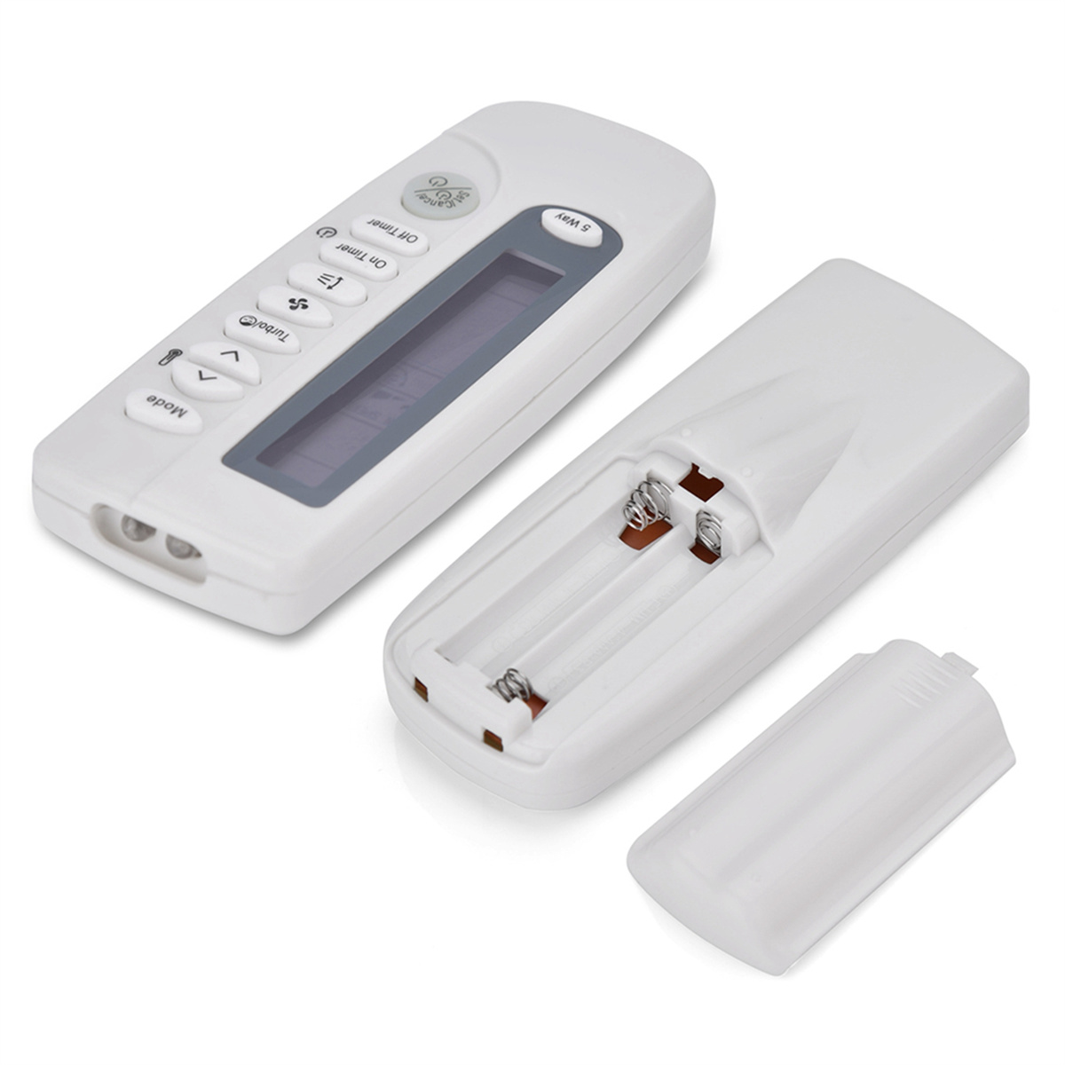 Weiße Fernbedienung mit geöffnetem Batteriefach und separatem Deckel.
