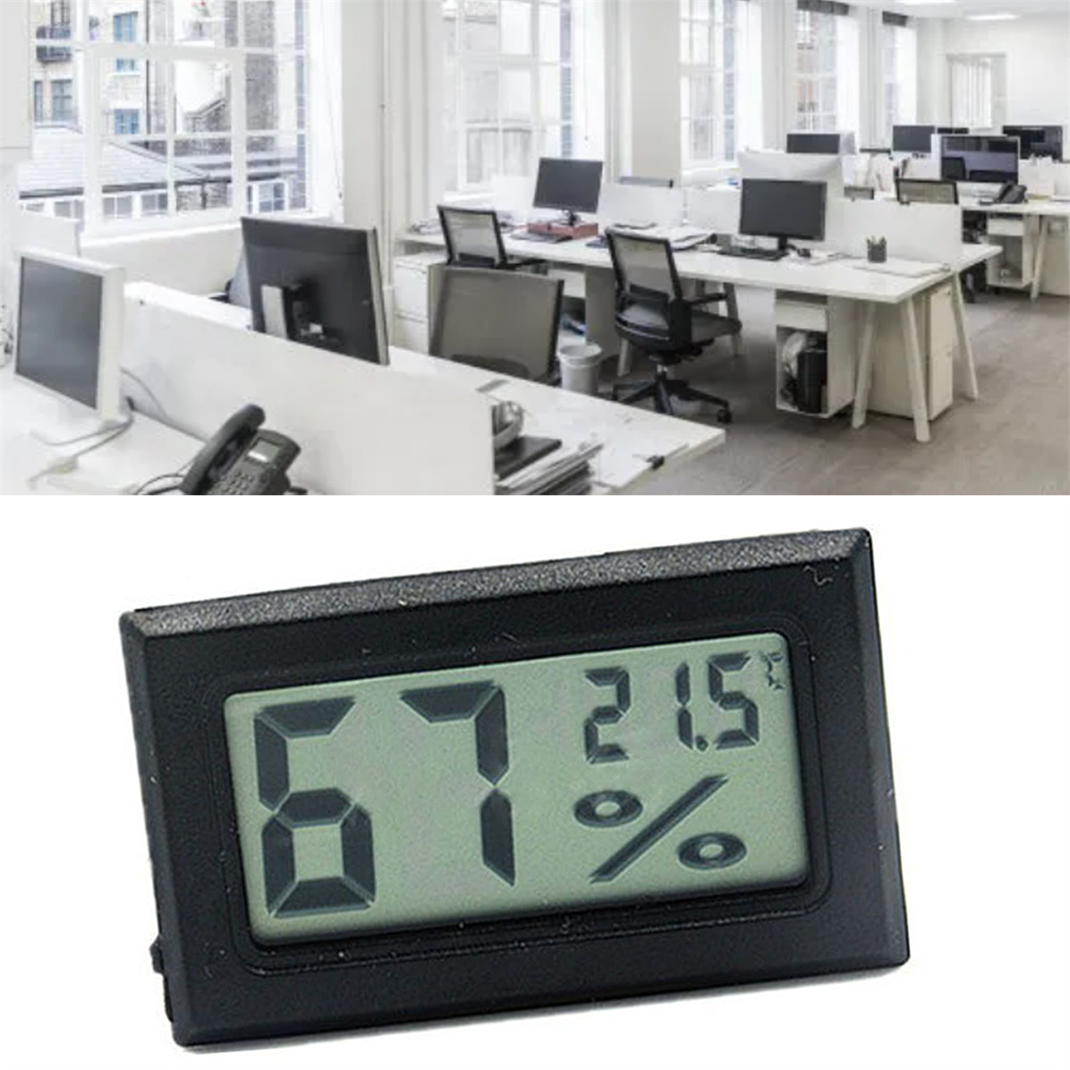 Büro mit Schreibtischen, Computern und einem Feuchtigkeitsmesser auf dem Tisch.