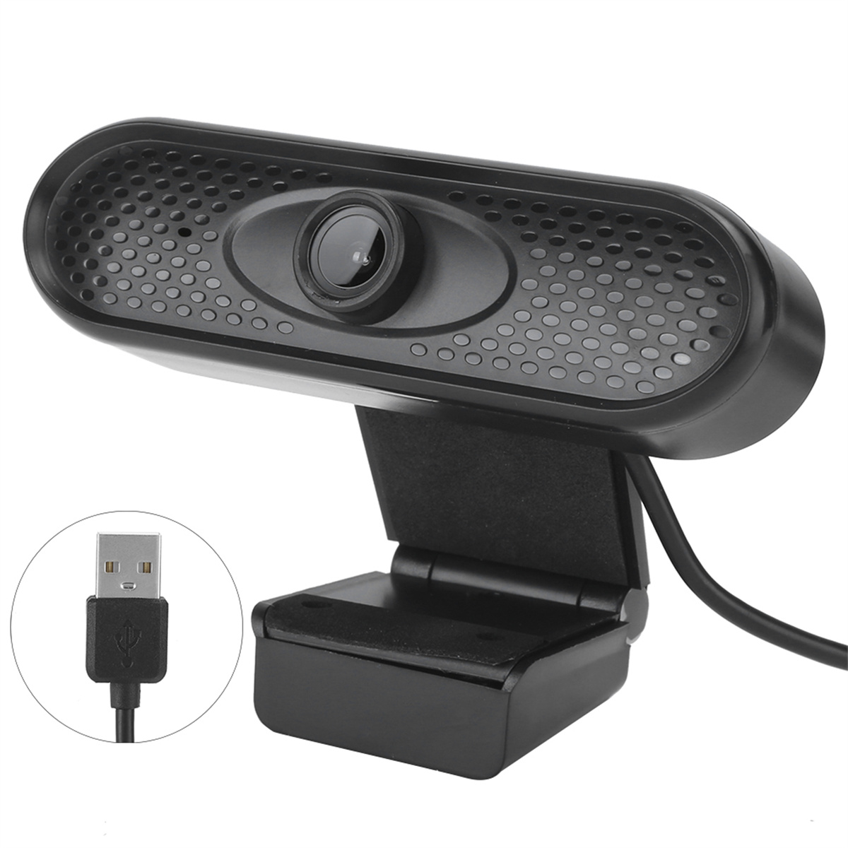 Schwarze Webcam mit USB-Kabel und schwarzem Ständer auf weißem Hintergrund.