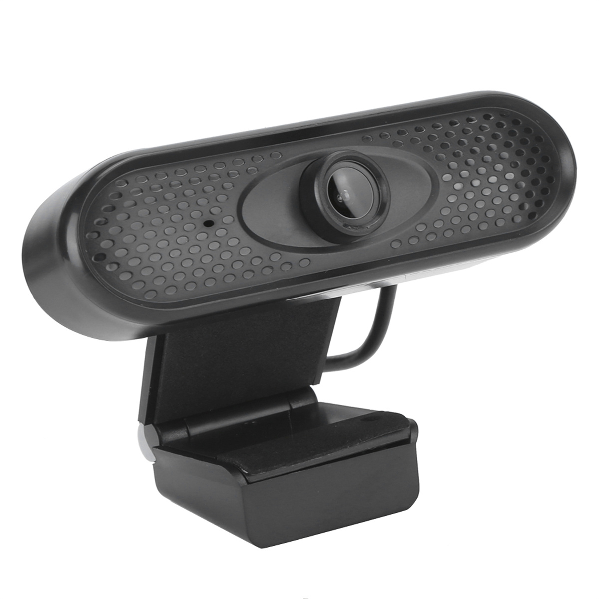 Schwarze Webcam mit Linse und Ständer.