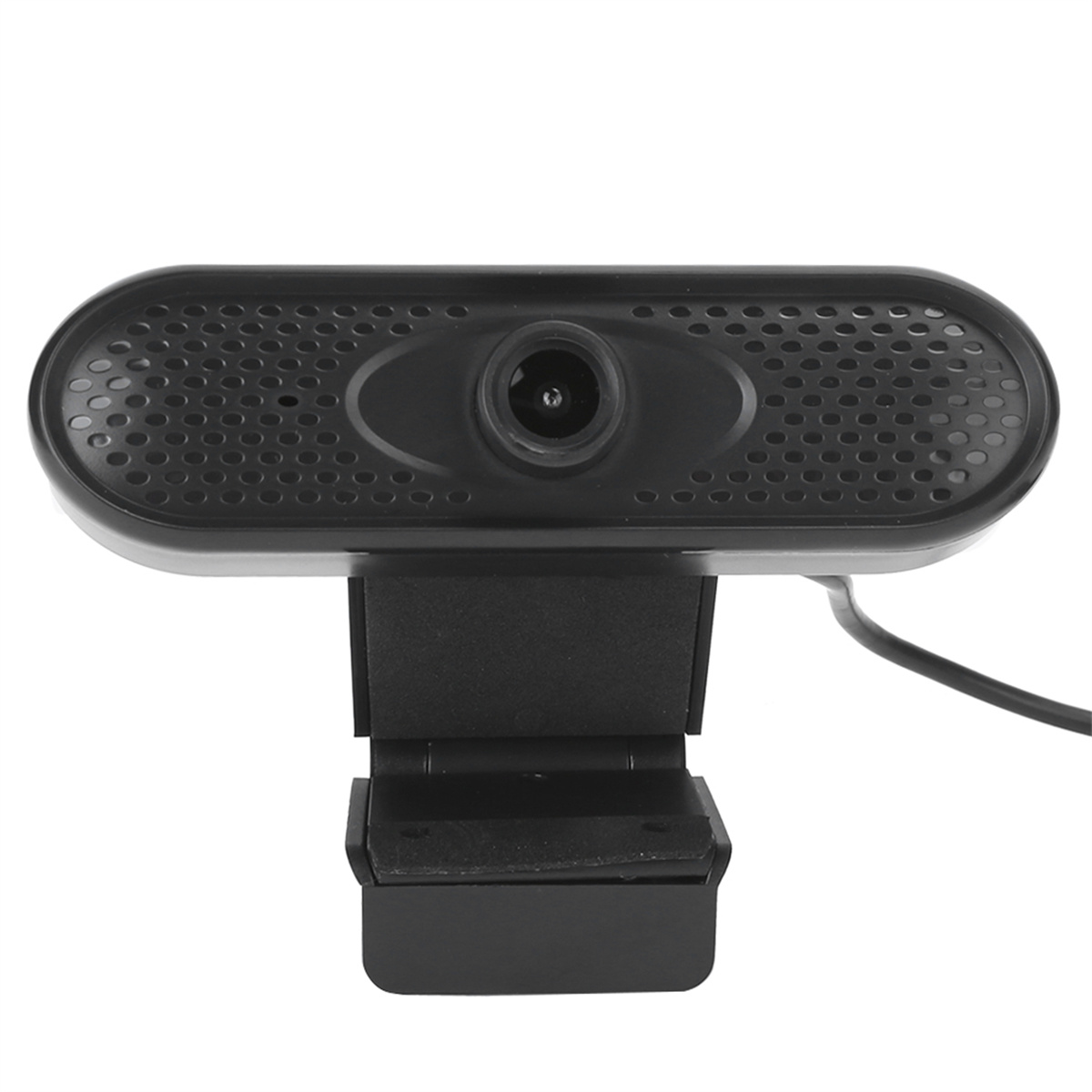 Schwarze Webcam. Es hat ein Objektiv und ein Mikrofon. Der Hintergrund ist weiß.