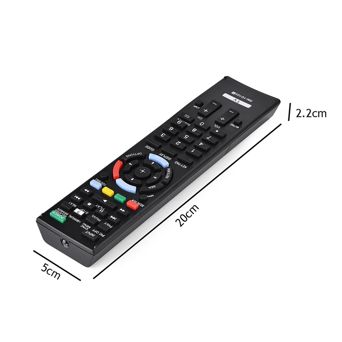 Schwarze TV-Fernbedienung. Tasten für Strom, Kanäle, Lautstärke, etc. Maße gezeigt.
