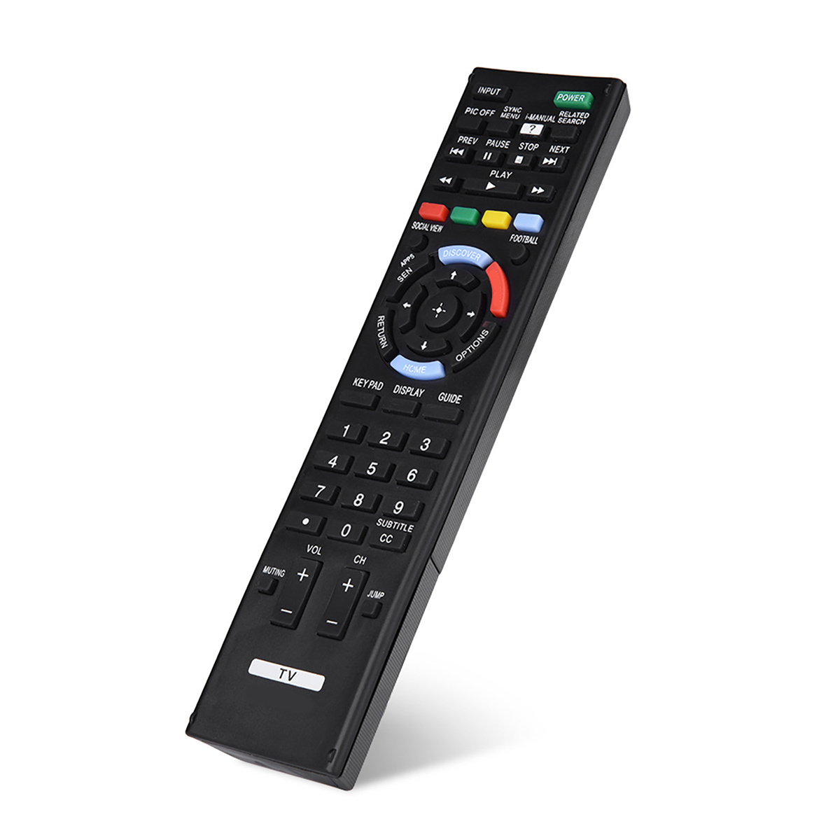 Schwarze TV-Fernbedienung mit vielen Knöpfen und Beschriftungen. Power-Taste in Grün.