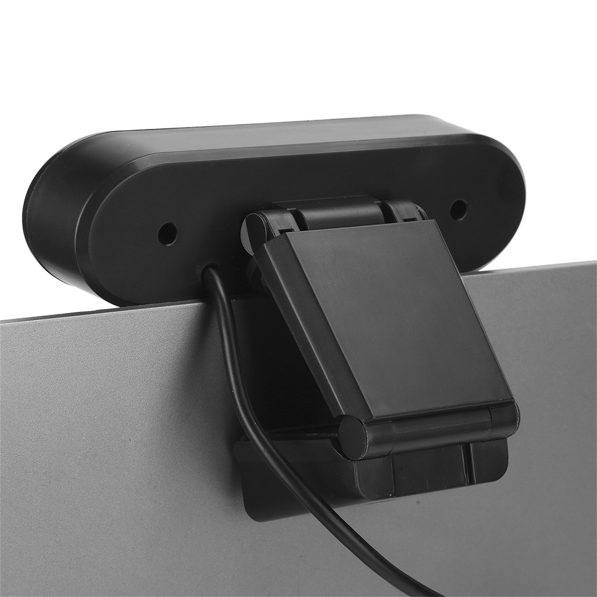 Schwarze Webcam mit kleinem, verstellbarem Deckel auf einem Laptop-Bildschirm.