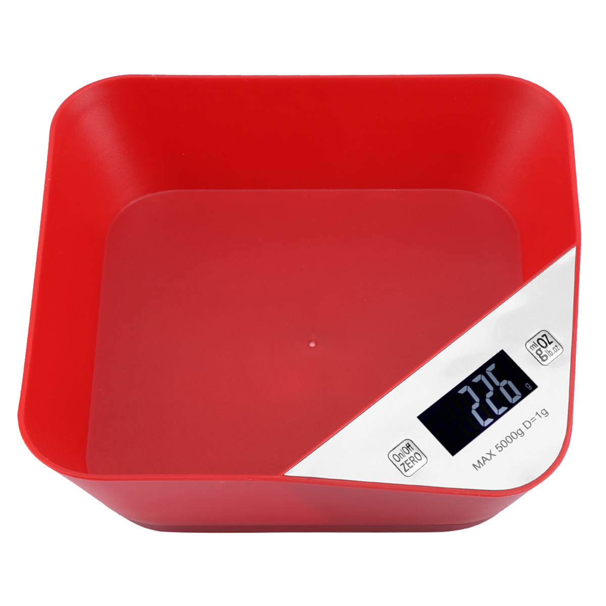 Eine rote quadratische Waage auf weißem Hintergrund. Die Waage zeigt 226 auf dem Bildschirm an.