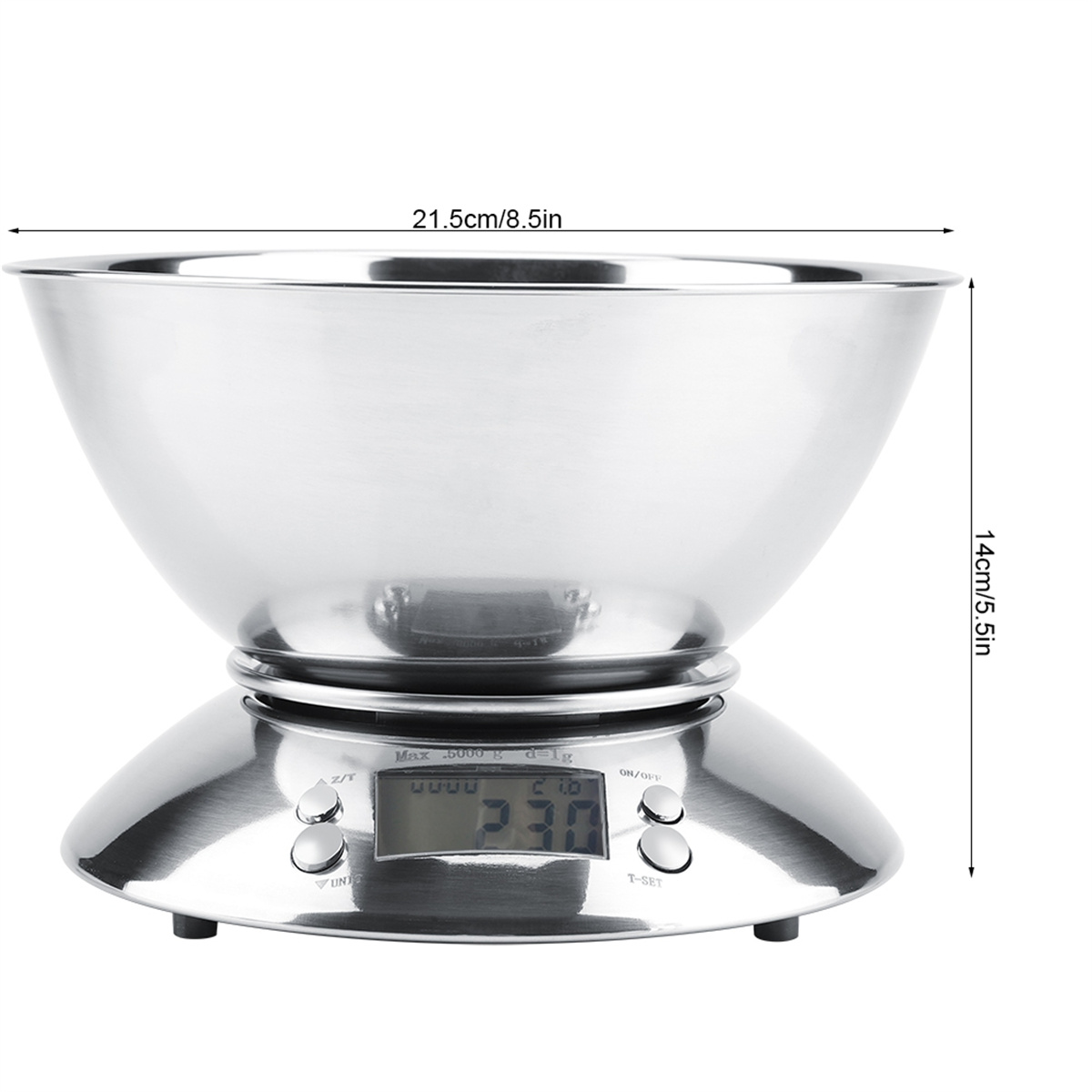 Silberne Küchenwaage mit großer Schüssel. Digitalanzeige zeigt 230. Maße: 21,5 cm/8,5 Zoll, 14 cm/5,5 Zoll.