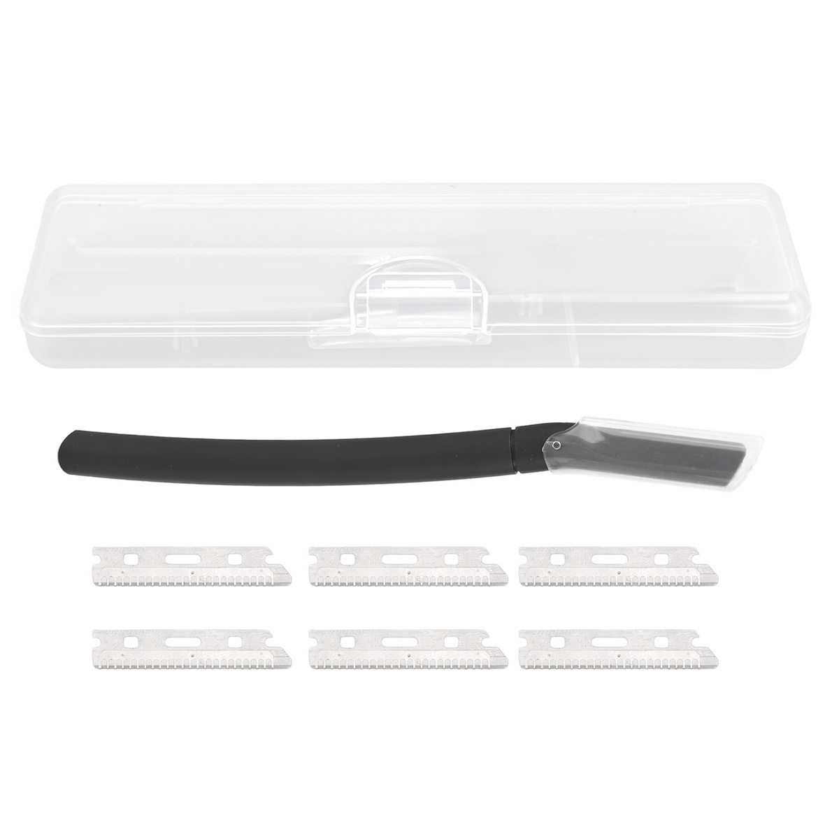 Ein Gesichtsrasiermesser, Ersatzklingen und eine Plastikbox werden auf weißem Grund gezeigt.