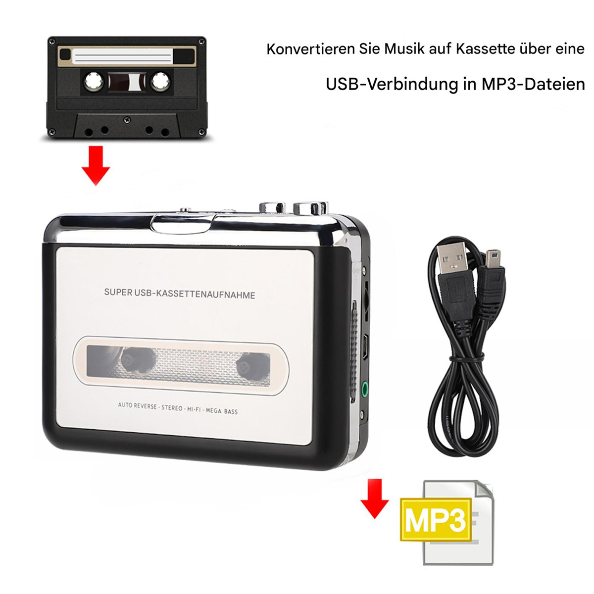 Silber-schwarzer Kassettenrekorder mit Kassette und USB-Kabel. Text: Musik in MP3 konvertieren.