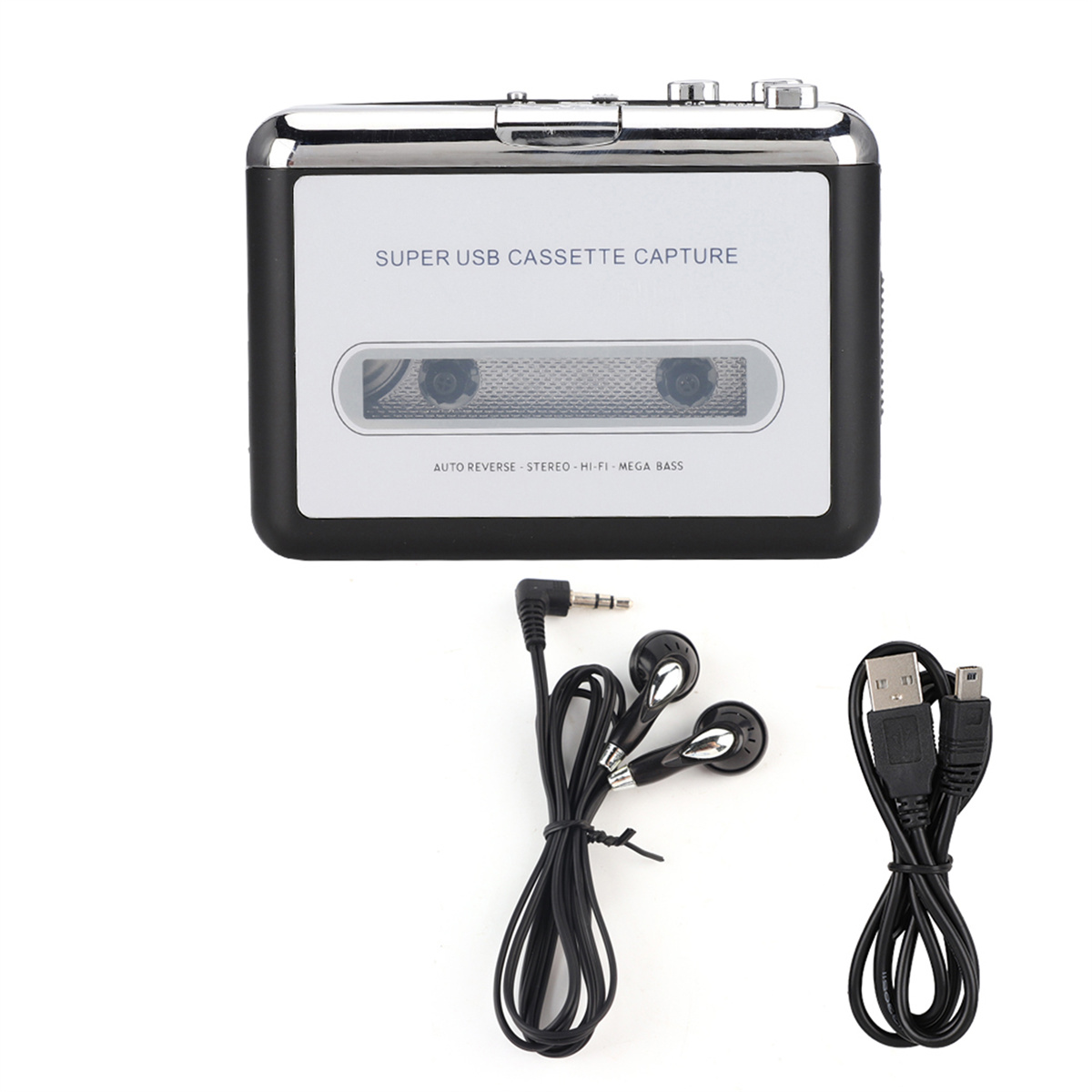 Schwarzer Kassettenrekorder mit Kopfhörern und USB-Kabel. Auf dem Player steht 'SUPER USB CASSETTE CAPTURE'.