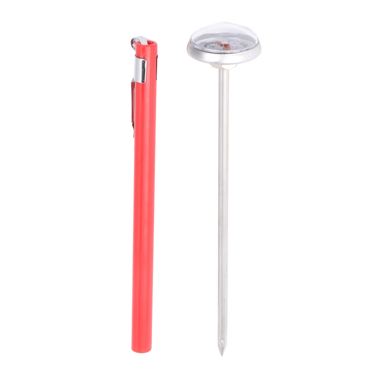 Rotes stiftartiges Thermometer und Thermometer mit Metallsonde, weißer Hintergrund.