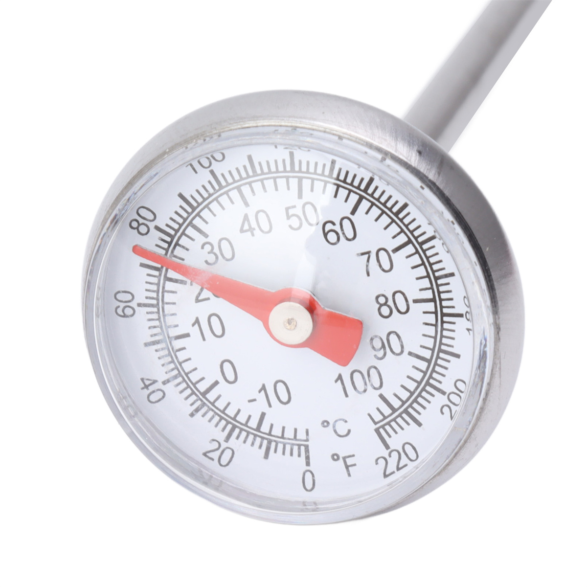 Nahaufnahme eines Thermometers mit rotem Zeiger, der die Temperatur anzeigt.