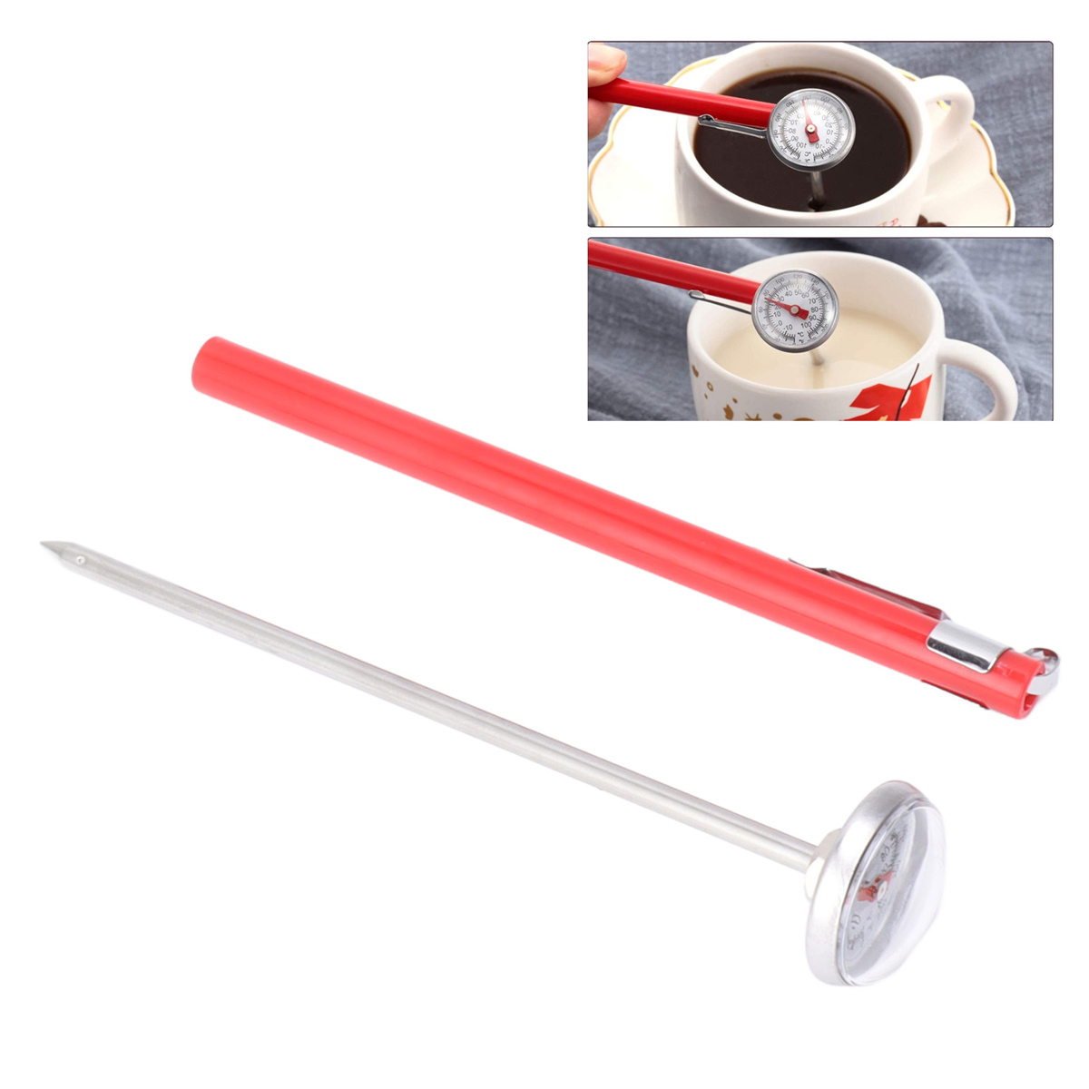 Ein Thermometer befindet sich in Kaffee und Milch; ein anderes Thermometer liegt daneben.