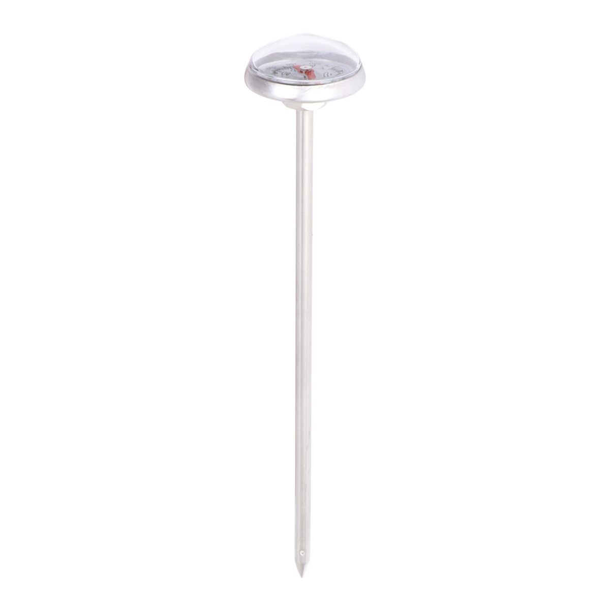 Ein Thermometer mit einem langen Metallstab und einer transparenten, kreisförmigen Anzeige.