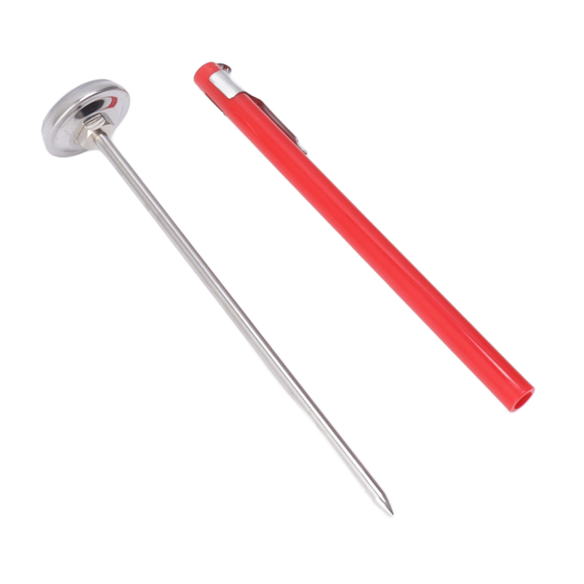 Metallthermometer mit rotem Stift. Weißer Hintergrund.