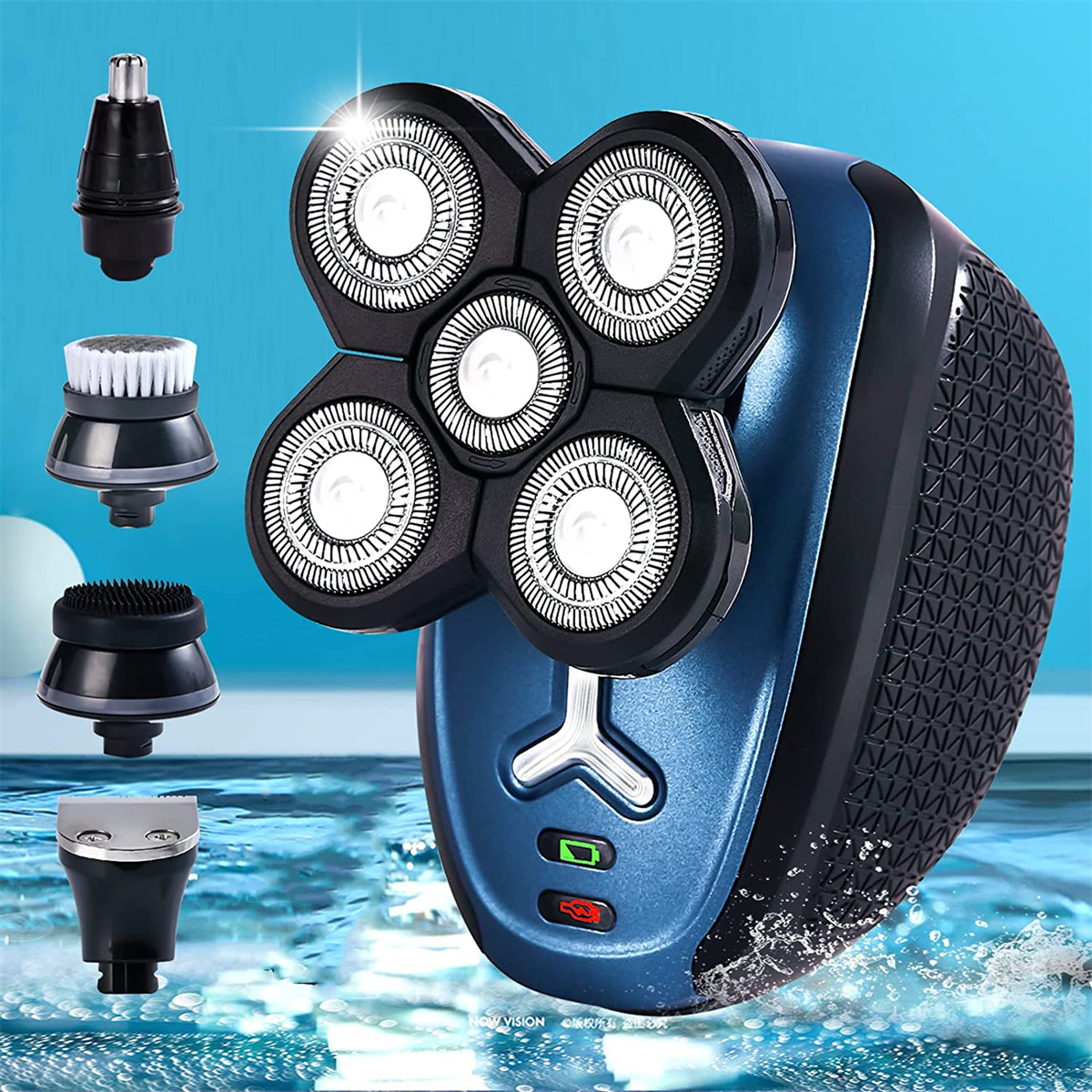 Ein blau-schwarzer Elektrorasierer mit mehreren Aufsätzen, dargestellt mit Wasserspritzern.
