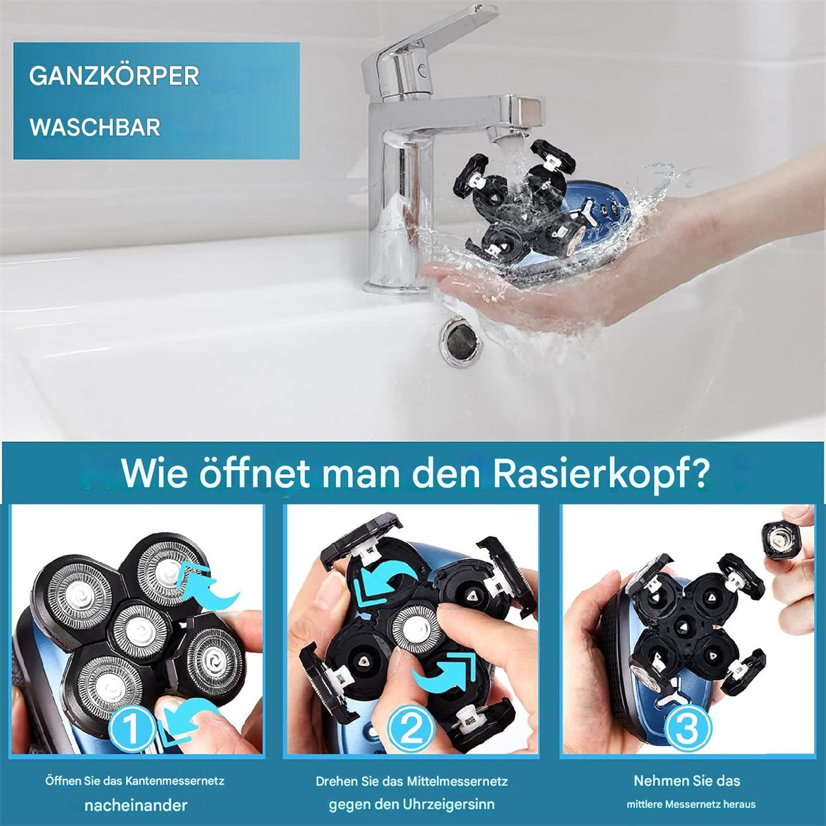 Schritte zum Öffnen eines Rasiererkopfes. Wasser fließt über den Rasierer.