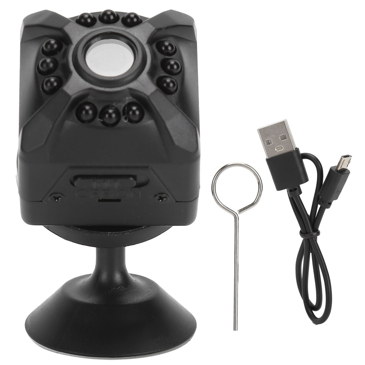 Eine kleine schwarze Überwachungskamera mit Saugnapf, USB-Kabel und Metallwerkzeug.
