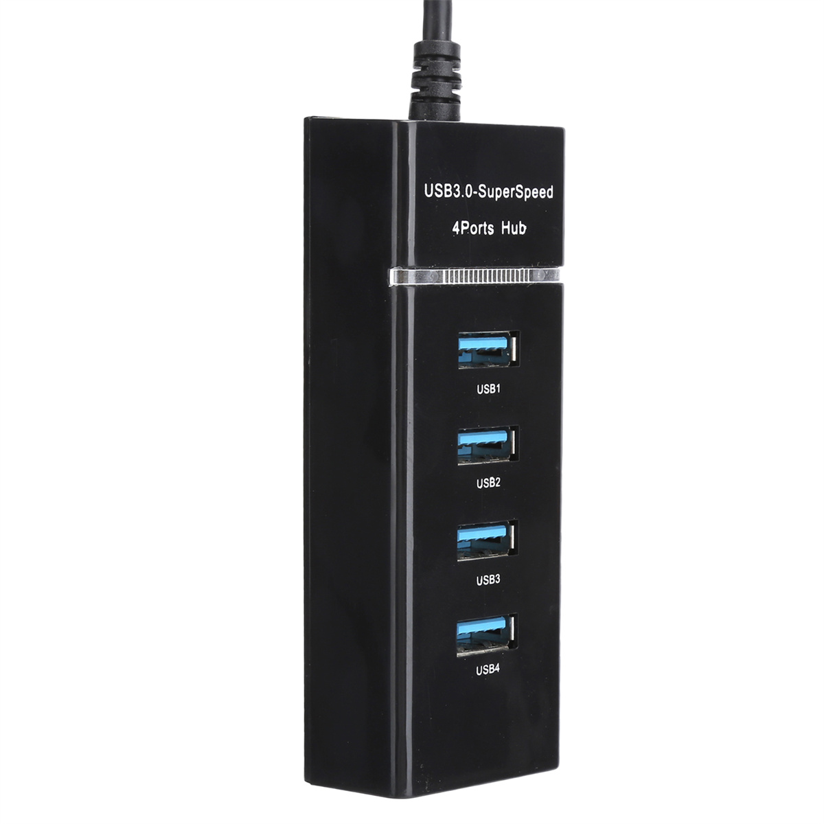 Schwarzer USB-Hub mit 4 Anschlüssen, beschriftet USB1, USB2, USB3, USB4.
